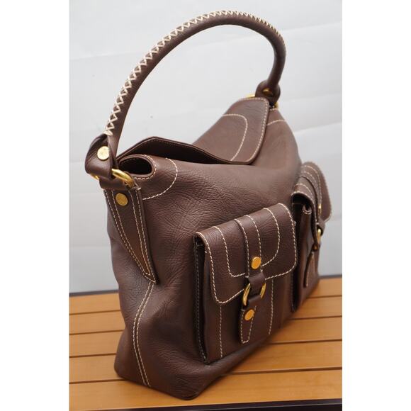 CELINE Vintage Shoulder Bag Brown Leather Gold Triomphe Fold over Handbag - Picture 5 of 13